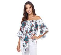 Womens Sexy Off Shoulder Tie Knot Front Blouses Tops 3 4 Flare Sleeve Summer Floral Pinted Shirts Loose T-Shirts (White,XXL)