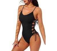 Women's Sexy One Piece Swimsuit Adjustable Laced Up Bathing Suits V Neck Low Back Swimming Costume High Cut Tummy Control Swimwear Ladies High Waisted Monokinis Hollow Out Padded Push Up Bikini Black