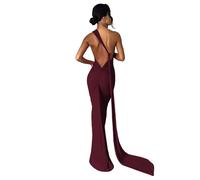 Women's, Sexy, One Shoulder, Backless, Maxi Dress, Elegant, Ruffled, O Ring, Sleeveless, Evening Dress, Long Dress, Cocktail Dress, Wine red, XS