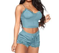 Women's Sexy Pajama Set Lingerie Sleepwear 2 Piece Lace Trim Cami & Shorts PJ Sets Ladies V Neck Sleeveless Sleepwear Soft Stretchy Sweetness Loungewear Nightwear Light Blue