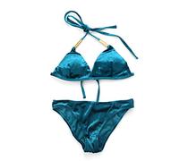 Womens Sexy Pleuche Velvet Two Piece Bikini Set Halter Deep V-Neck Twist Cross Front Triangle Bra Glitter Solid Color Swimsuit Thong Bathing Suit Royal Blue S