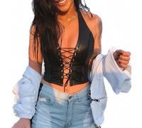 Women's Sexy PU Leather Crop Tank Top Backless Halter Lace-Up Tanks Sleeveless Camisole, Black, M