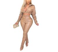 Womens Sexy PU Leather Two Pieces Outfits Faux Leather Crop Jackets+ Sweatpants Y2k PU Ruched Matching Sets