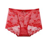 Womens Sexy Seamless Panties Wesh Lace Floral Embroidery Underwear Ladies Ice Silk Breathable Comfy Knickers Red