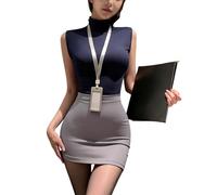 Women's Sexy Secretary Uniform Lure Costume Office Lady Cosplay Tank Top and Mini Skirt Set With Badge and Open Stockings