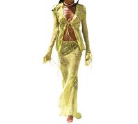Women's Sexy See Through Cover Up Dress Long Sleeve Tie-up Front Sheer Mesh Cardigan Split Bikini Long Dress (A-Green, S)