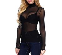 Women's Sexy See Through Shirts Mesh Sheer Glitter Sequin Tops Long Sleeve Turtleneck Neck Sheer Blouse (A-Black, Medium)