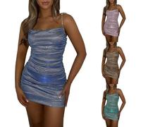 Womens Sexy Sequin Mini Dress Sparkly Spaghetti Strap Backless Bodycon Party Dress Ruched Tank Dress Sleeveless Off Shoulder Wrap Dress Solid Color Shiny Short Dress for Dinner Dance(Blue,L)