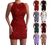 Womens Sexy Sequin Party Dress Warp Hip Mini Dresses Solid Colour Party Dresses Sexy Sleeveless Evening Dress Skinny Sequin Dress Round Neck Short Dress Slim Fit Prom Dress Size S-3XL White