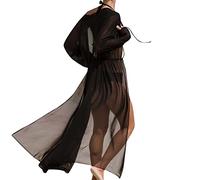 Women's Sexy Sheer Mesh Long Sleeve V Neck Cover Ups Black Tie Front Wrap Swimsuit Bikini Swimwear Bathing Suit Beach Maxi Cover Up Dress with Drawstring