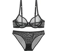 Women's Sexy Sheer See Through Bras and Panties Set Unlined Mesh Lace Bralettes Plus Size - Black - 42D