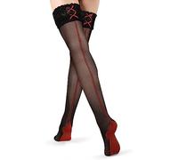 Womens Sexy Sheer Silk Thigh High Stockings Lace Top 20D Nylon Thin Long Socks Shimmery Transparent Stay Up Pantyhose Tights, Red Heel Back Seam, 5-9