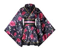 Women's Sexy Short Kimono Costume Adult Japanese Geisha Yukata Prints Gown Fancy Dress with Obi Belt (4# Black, One Size)