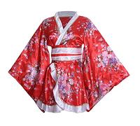 Women's Sexy Short Kimono Costume Adult Japanese Geisha Yukata Prints Gown Fancy Dress with Obi Belt, 2# Red, One Size