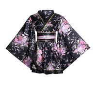Women's Sexy Short Kimono Costume Adult Japanese Geisha Yukata Prints Gown Fancy Dress with Obi Belt (2# Black, One Size)