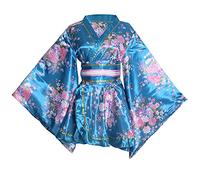 Women's Sexy Short Kimono Costume Adult Japanese Geisha Yukata Prints Gown Fancy Dress with Obi Belt, 2# Sky Blue, One Size