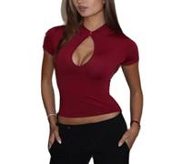 Womens Sexy Short Sleeve Cutout Crop Cheongsam Tops Scoop Neck Fitted Plain T-Shirt Tee Going Out Casual Date Night Tops (A-Red, L)