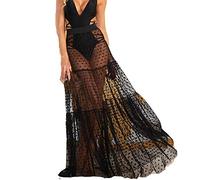 Women's Sexy Skirt Sheer Mesh Lace Maxi Skirt Summer Pleated High Waisted Long Skirts Splicing Floral Midi Flowy Beach Bikini Cover Ups for Women Casual A Line Party Black