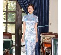 Women's Sexy Slim Satin Cheongsam Dress (Color : Light Blue B, Size : S)