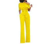 Women's Sexy Solid Off Shoulder Short Sleeve with Belt Slim Jumpsuit Womens Jumpsuit Extra Small (Yellow, L)