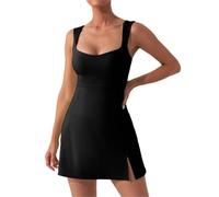 Womens Sexy Mini Dress Women Sexy Spaghetti Strap Short Mini Dress Basic V Neck Side Slit Flare Bodycon Party Club Slim Fit Tank Dress(Black L)