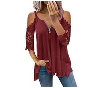 Women's Sexy Summer Lace Top - Cold Shoulder 3/4 Sleeve, Zip-Up V Neck, Pleated Flowy Tunic Blouse, Glam for Nights Out(1A-Wine, XL)