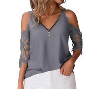 Women's Sexy Summer Lace Top - Cold Shoulder 3/4 Sleeve, Zip-Up V Neck, Pleated Flowy Tunic Blouse, Glam for Nights Out(1B-Grey, XXXXXL)