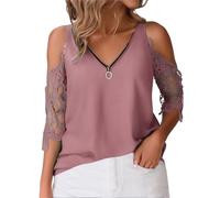 Women's Sexy Summer Lace Top - Cold Shoulder 3/4 Sleeve, Zip-Up V Neck, Pleated Flowy Tunic Blouse, Glam for Nights Out(1B-Pink, XL)
