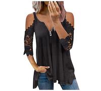 Women's Sexy Summer Lace Top - Cold Shoulder 3/4 Sleeve, Zip-Up V Neck, Pleated Flowy Tunic Blouse, Glam for Nights Out(1A-Black, XXL)