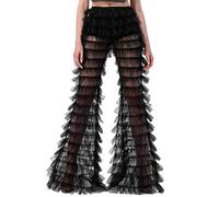 Womens Sexy Tulle Pants Ruffle Tiered High Waist Sheer Mesh Trouserss Floor Length Evening Party Wedding Long Pants (Black, M)