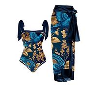 Women's Sexy Tummy Control Push Up Swimwear Monokini Set Two Piece Vintage Flowers Print One-Piece Bikini Cover Up Skirt High Waist Swimsuit Women Swimsuit Swimwear, O Blue, L
