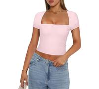 Women's Sexy U-Neck Crop Tops - Casual Short Sleeve Y2K T-Shirts - Solid Color Slim Fit Basic Tops (Short Sleeve Pink, L)
