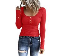 Women's Sexy U Neck Y2K Clothes Low Cut Top Basic Ladies Jumpers Ribbed Knit Casual Slim Fitted Tops Long Sleeve Tight T-Shirt Ladies Elegant Top Y2K Fashion Aesthetic Clothes Outfit Streetwear Red