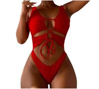 Women's Sexy V-Neck One-Piece Swimsuit - Cross Cut Backless High Waisted Bikini with Tummy Control, Push-Up Padded Beach Spa Swimwear (Red, S)