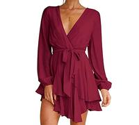 Women's Sexy V-Neck Ruffle Long Sleeve Tie Waist Casual A Line Swing Mini Wrap Dress, weinrot, XL