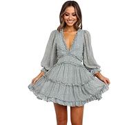 Women's Sexy V Neck Ruffle Tunic Dress Leopard Floral Print Long Sleeve Loose Backless Flowy Swing Shift Mini Dresses (Green,M)