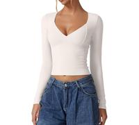 Women's Sexy V Neck Y2K Short Sleeve T Shirts Ladies Crop Tops Shirt Double Lined Tee Seamed Cup Going Out Tops (Long Sleeve-White, M)