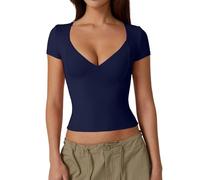 Women's Sexy V Neck Y2K Short Sleeve T Shirts Ladies Crop Tops Shirt Double Lined Tee Seamed Cup Going Out Tops (Navy Blue, XL)