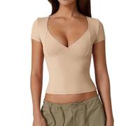 Women's Sexy V Neck Y2K Short Sleeve T Shirts Ladies Crop Tops Shirt Double Lined Tee Seamed Cup Going Out Tops (Apricot, M)