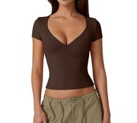 Women's Sexy V Neck Y2K Short Sleeve T Shirts Ladies Crop Tops Shirt Double Lined Tee Seamed Cup Going Out Tops (Coffee, S)