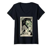 Womens Sexy Witch Tarot Green Hair Black White Stockings Halloween V-Neck T-Shirt
