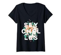 Women's Seychelles Floral Island Flowers Tropical Design V-Neck T-Shirt