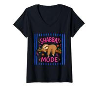 Women's Shabbat Mode On Sleepy Sloth Sabbath Shalom Jewish Challah V-Neck T-Shirt