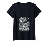 Women's Shade Beside The Sacred River Palm Tree Scene V-Neck T-Shirt