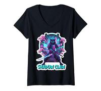 Women's Shadow Claw Steampunk Samurai Cat Owner Lover Ninja Japan V-Neck T-Shirt