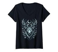 Women's Shadow Creature Wolf and Stag Form Night Mystic Symbol V-Neck T-Shirt