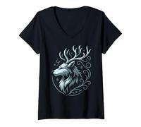 Women's Shadow Creature Wolf and Stag Form Night Mystic Symbol V-Neck T-Shirt