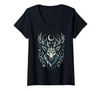 Women's Shadow Creature Wolf and Stag Form Night Mystic Symbol V-Neck T-Shirt