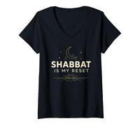 Women's Shalom Shabbat is My Reset Moon and Stars V-Neck T-Shirt