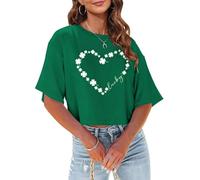 Womens Shamrock Crops Tops St Patricks Day Lucky Clover Heart Drop Shoulder Half Sleeve Cropped Shirt Irish Girls Crop Tops, B-green-4, XS
